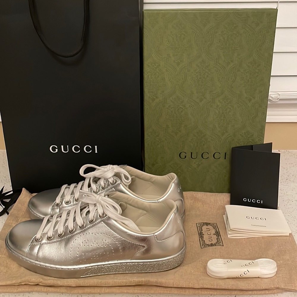 Brand New Ace GUCCI Women’s Metallic Nappa Silk Interlocking G Sneakers SZ 36